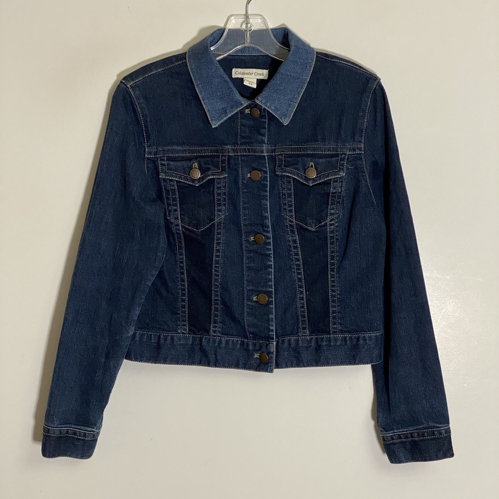 Coldwater Creek Jean Jacket Womens 4 6 Blue Denim Embroidered Floral Bee Cropped